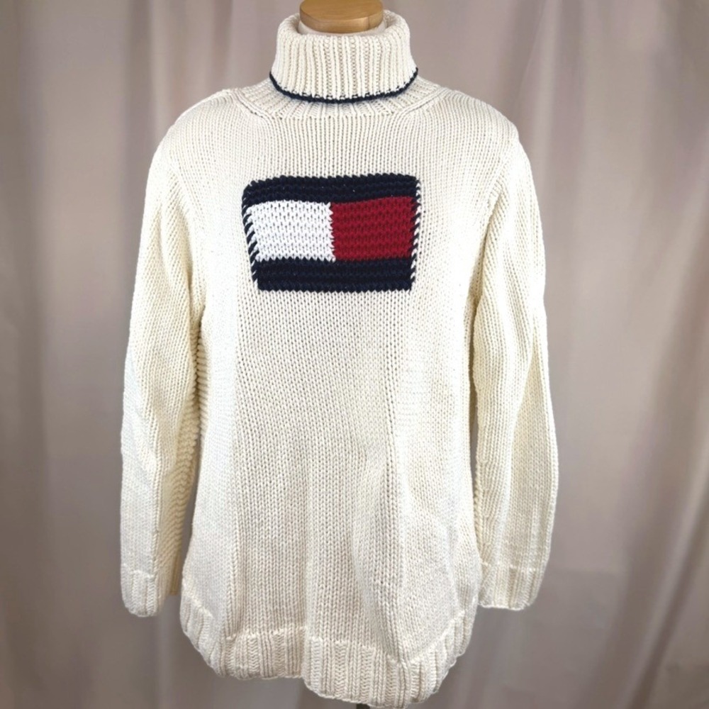 Y2K Womens TOMMY HILFIGER Handknit Sweater|2X|Cotton Turtleneck Flag Preppy Ski